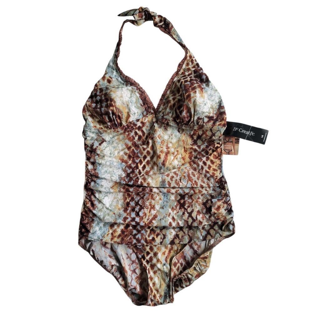 NWT Be Creative Y2K Glam Snake Print Halter Swimsuit Size 14 Ruched Bombshell